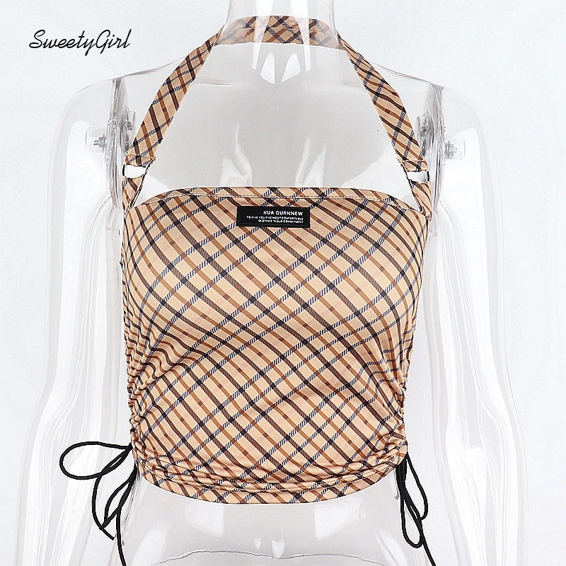 Áo tank top dây rút hở lưng họa tiết sọc caro thời trang cho nữ