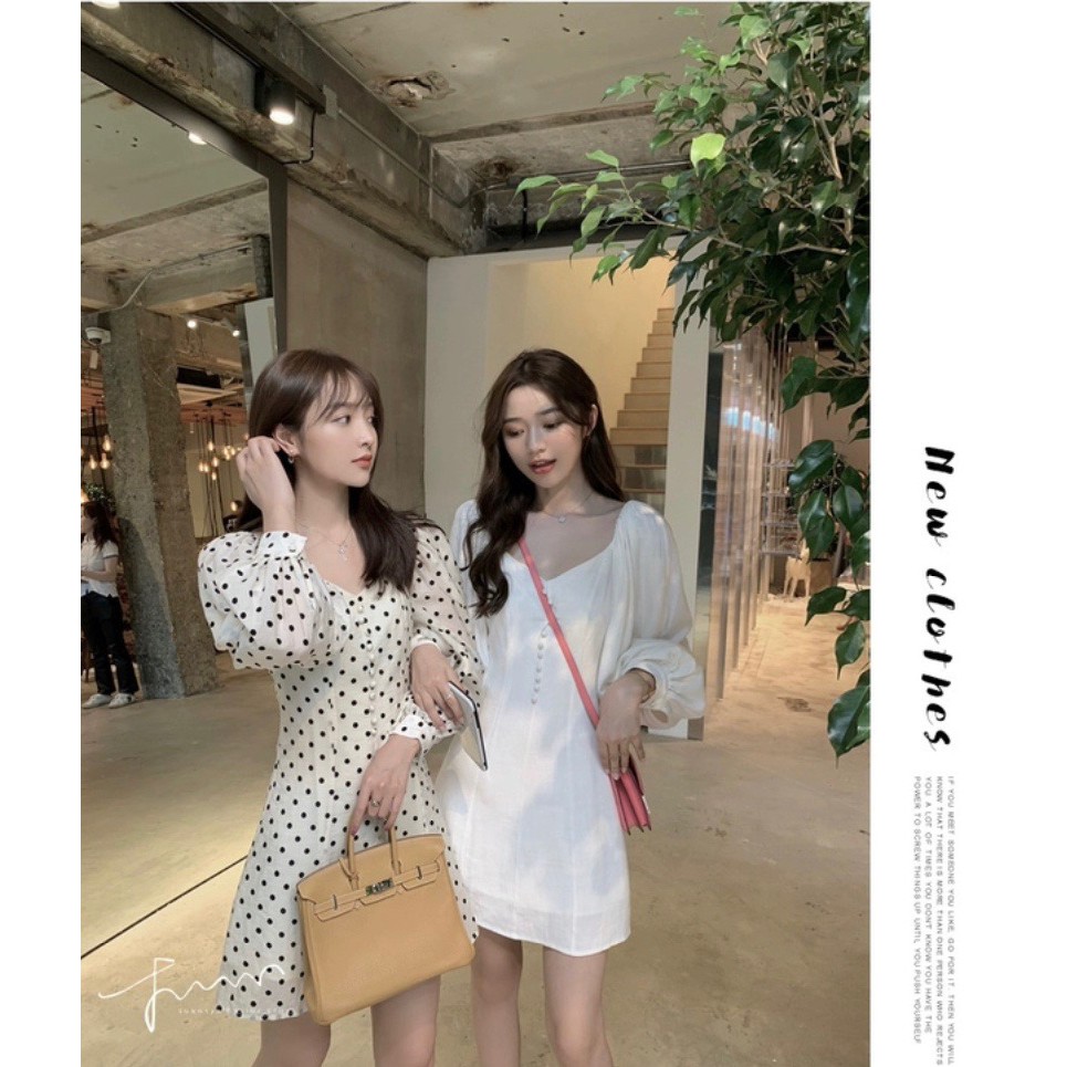 Fia Dress - Đầm tay phồng nút bọc cát mịn - Trắng/Chấm Bi
