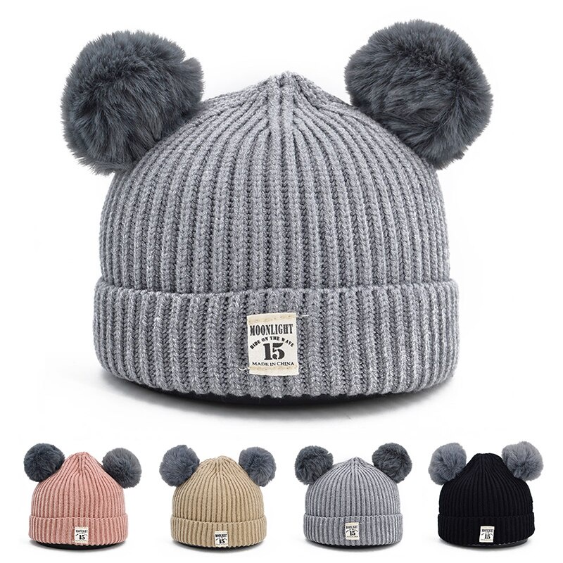 Mũ Beanie Đan Len Dày Dặn Màu Trơn Đính Hai Quả Bông Dễ Thương Thời Trang Thu Đông Cho Bé 3-24 Tháng Tuổi
