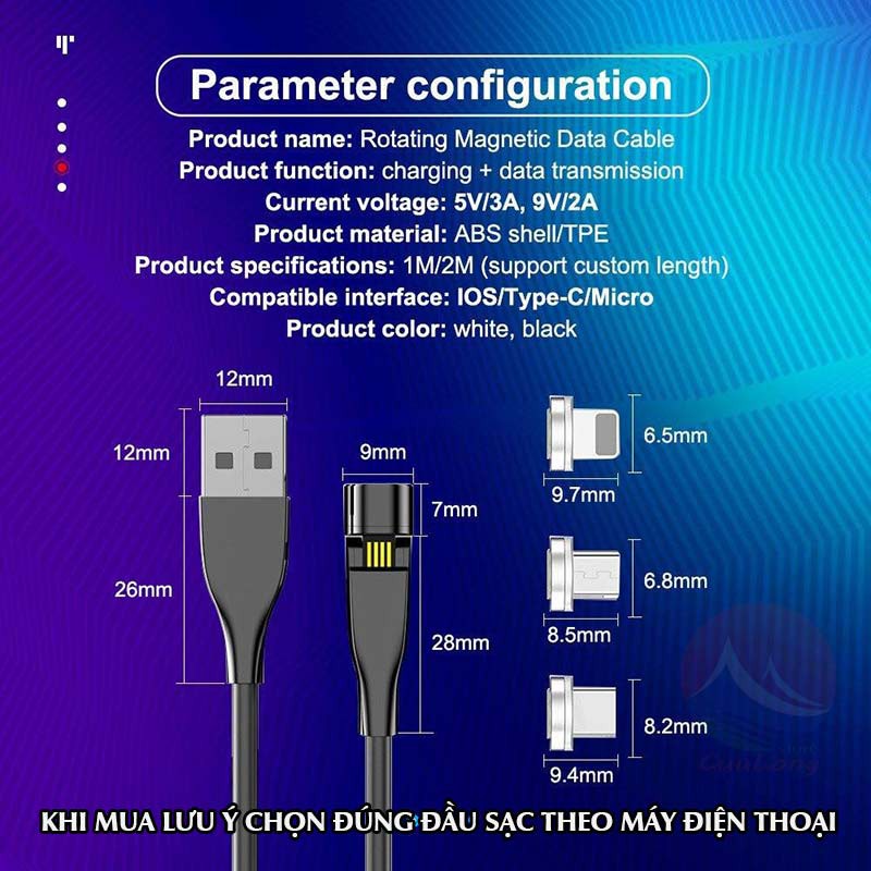 Cáp Sạc Nhanh Nam Châm, Xoay Gập 540 Độ, Gắn Được Đầu Lightning Type C Micro USB, Vừa Sạc Vừa Chơi Dễ Dàng Đa Năng