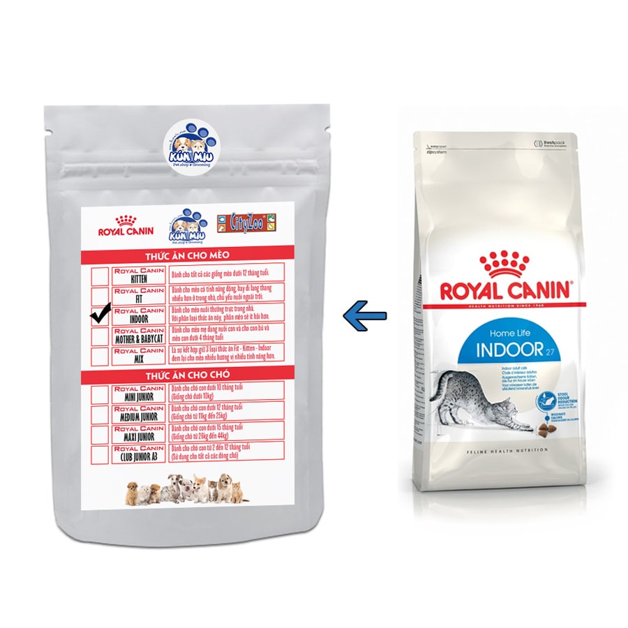 Combo thức ăn Royal Canin indoor 1kg và reflex plus adult cá hồi 500g