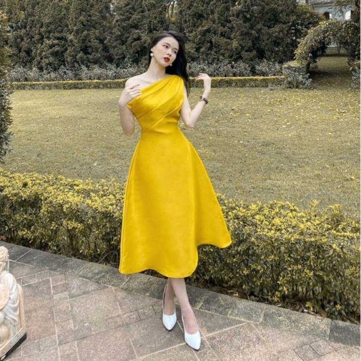 Đầm Lệch Vai Dự Tiệc ❤️FREESHIP❤️ Dáng Xòe Dài Xếp Ly Sang Trọng