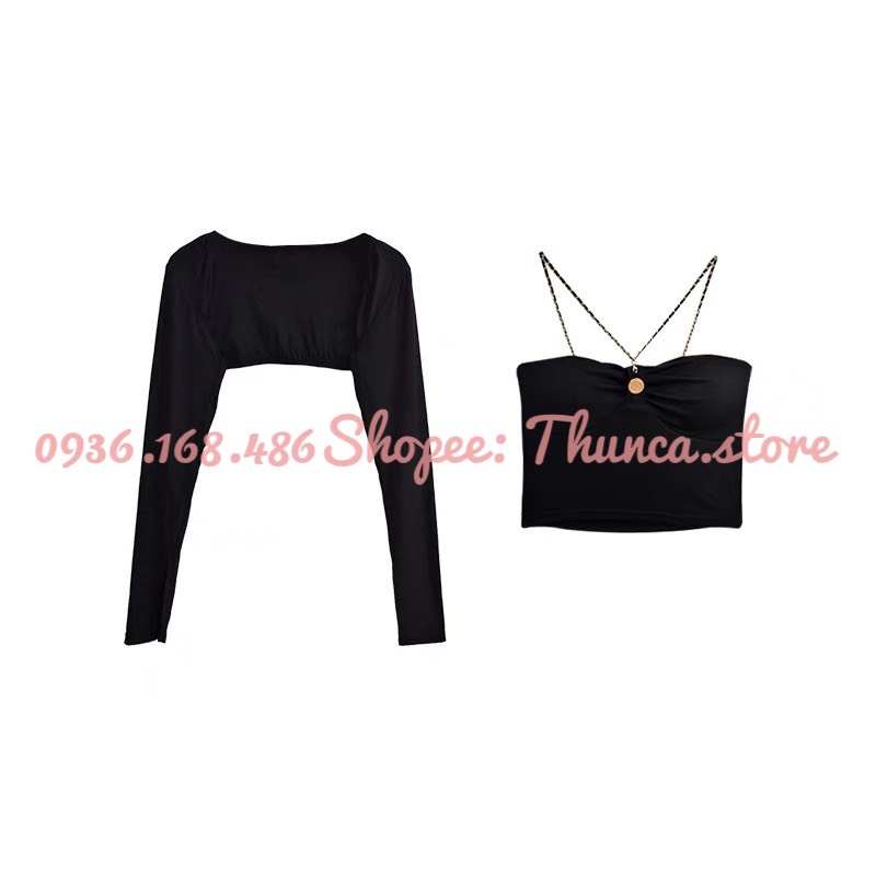 Set áo nơ ngực dây xích, áo croptop nơ ngực ôm body A1991