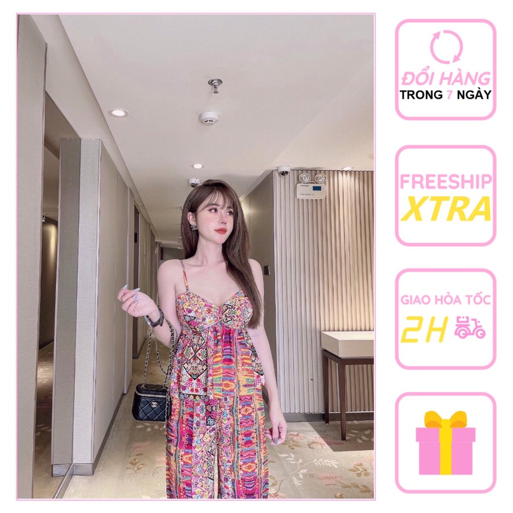 [FREESHIP 50K] Set Bộ Kiểu Nhistore Quần Dài Ống Rộng Áo 2 Dây Cúp Ngực Dún Sexy Họa Tiết Thổ Cẩm Frresize Dưới 57kg