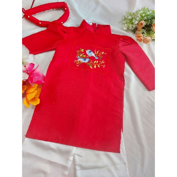 Sét áo dài bé gái 🎀LINLEE🎀chất liệu tapta cao cấp đẹp họa tiết thêu sắc nét 3 màu hồng đỏ vàng
