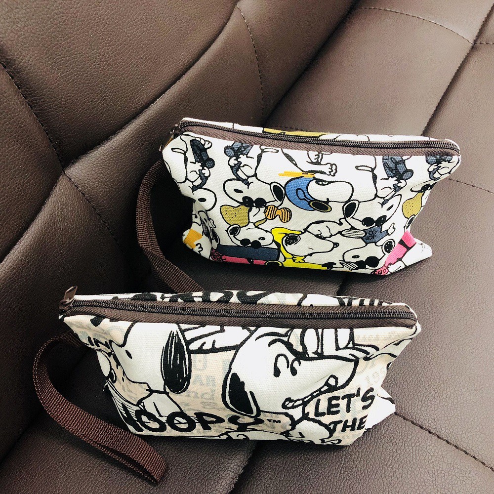 Túi Đựng Mỹ Phẩm Du Lịch Bằng Vải Canvas In Hình Snoopy Có Khóa Kéo Tiện Dụng
