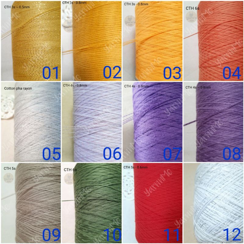 Sợi cotton Hàn màu trơn, chập 0.6 đến 0.8mm, đan móc áo hè