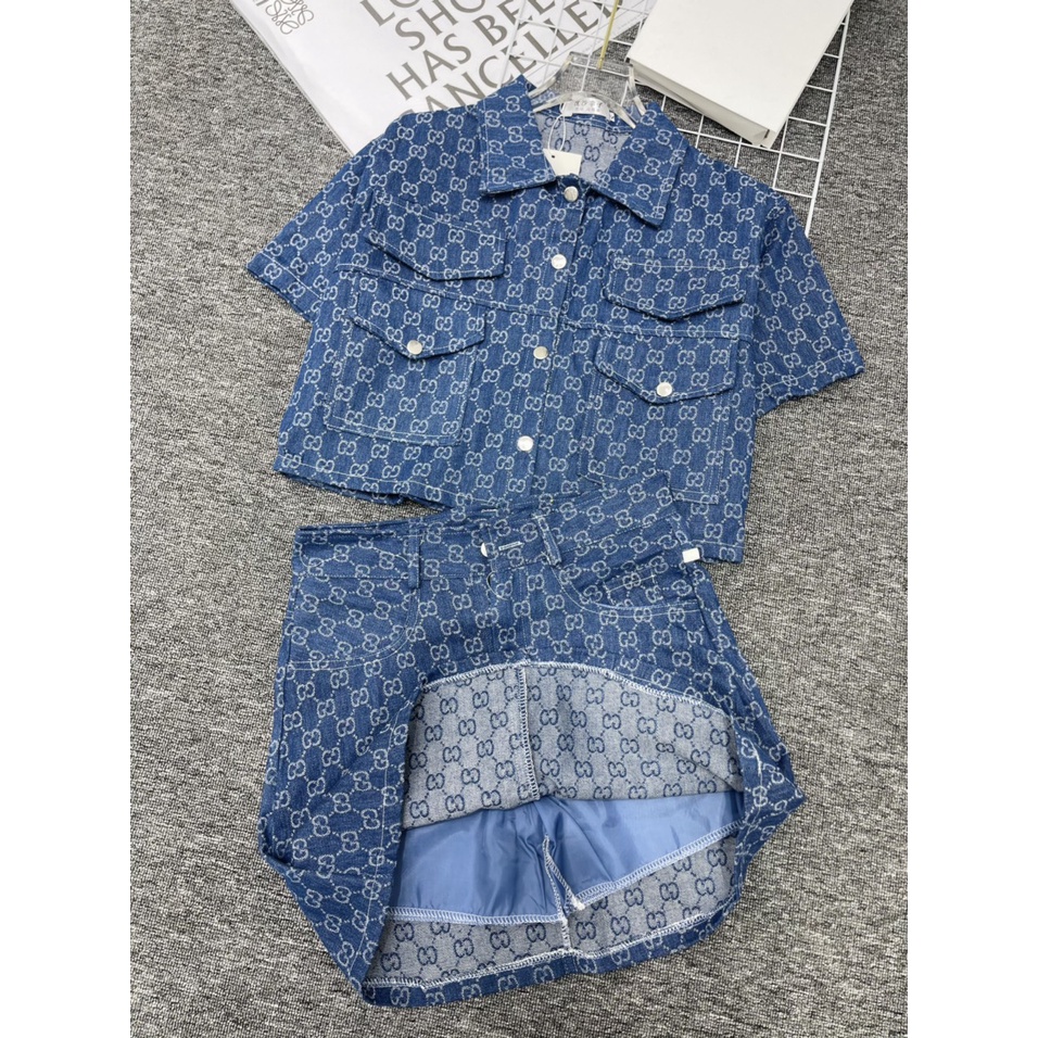 Set váy jean áo cộc tay kèm chân váy chữ A Jocasta set váy chất liệu jean mềm kèm túi zip sang trọng hottrend