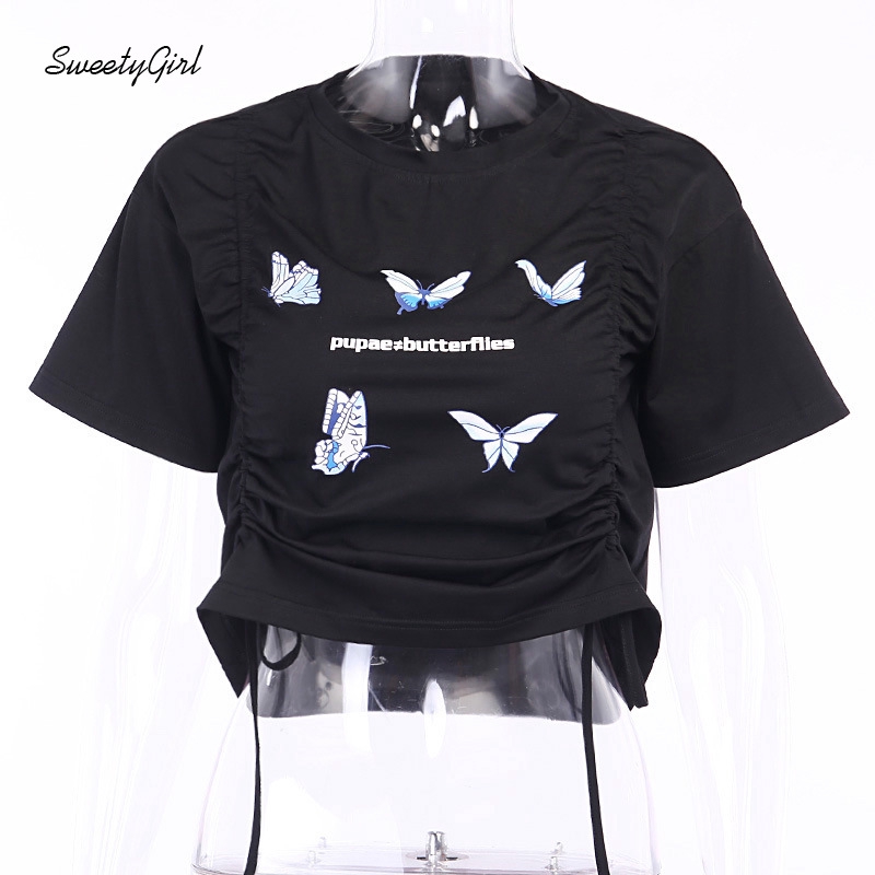 SweetyGirl Women Fashion Butterfly Printing Round Neck Short Sleeves Pleated Crop Top