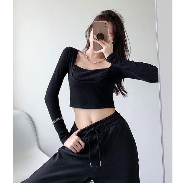 【Cocory】Áo croptop dệt kim form ôm tay dài trẻ trung hợp thời trang cho nữ