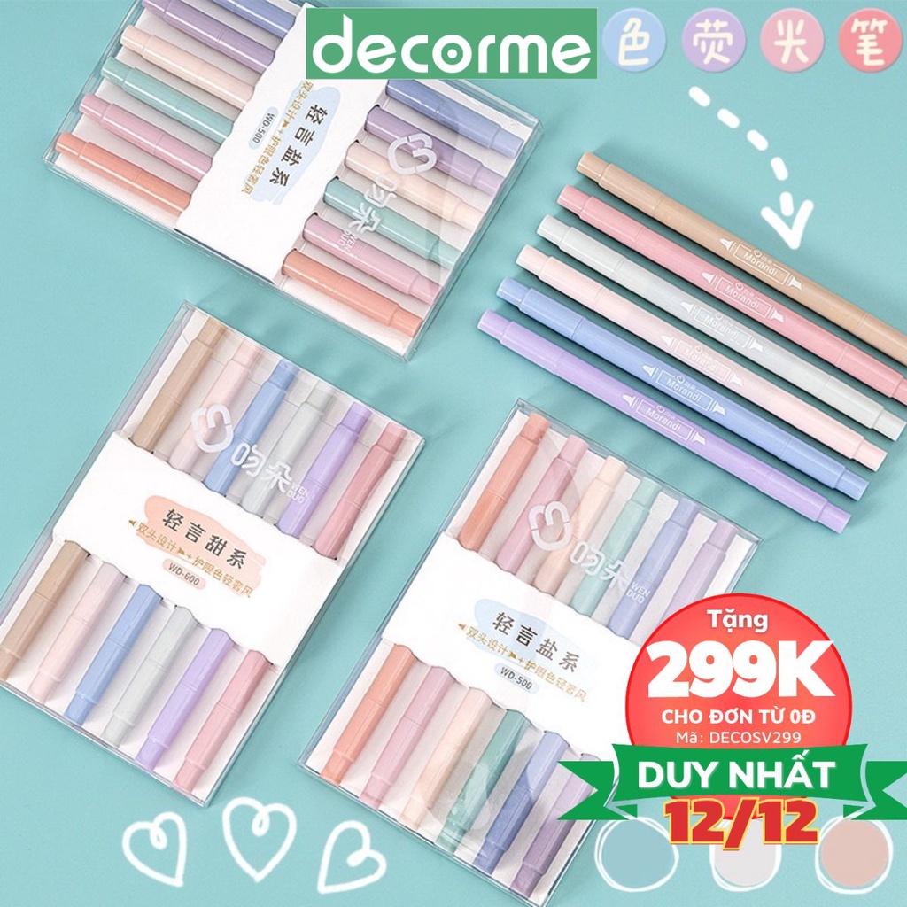 Bút highlight pastel Decorme set 6 bút nhớ màu pastel nhạt thân TRÒN 2 đầu WD