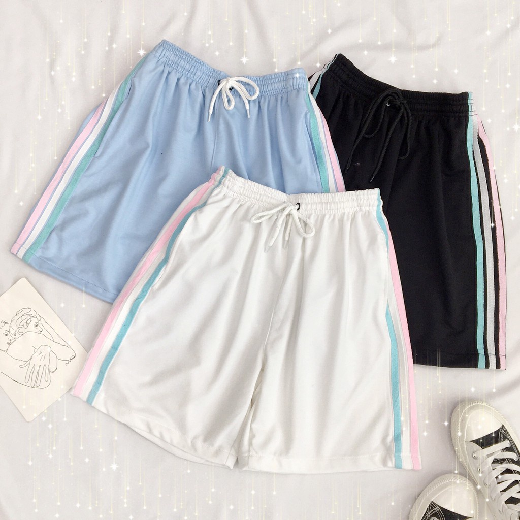 Quần short đùi 3 sọc thể thao unisex, quần đùi kẻ 3 sọc cầu vồng ống rộng cạp chun có 3 màu ĐEN, XANH, TRẮNG