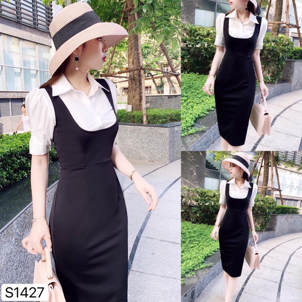 Sét áo sơ mi trắng tay phồng và đầm yếm body