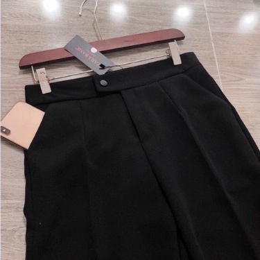 Quần baggy nữ công sở cạp cao khuy lệch chất vải tuyết mưa mềm dáng dài màu đen - Quần tây đi học nữ lưng cao dáng đứng