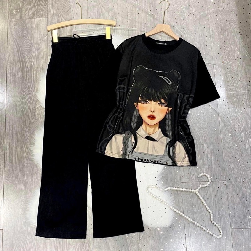 Set áo thun form rộng tay lửng quần gân ống suông dáng dài co giãn thoải mái- clothing for girl