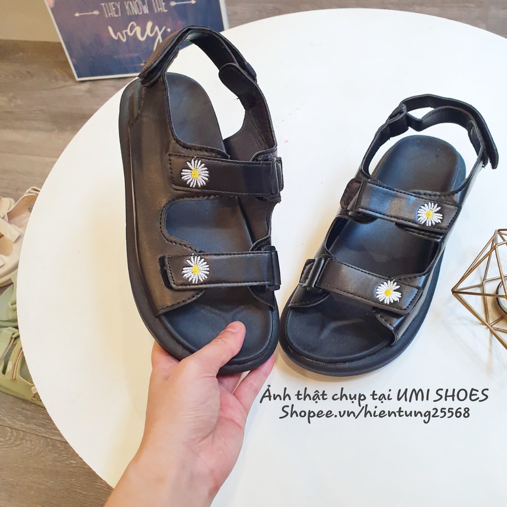 [CÓ SẴN] Giày sandal nữ hoa cúc quai bản ngang ULZZANG đế độn nâng cao 3 phân đi biển xanh/đen/kem đi chơi đi học đẹp