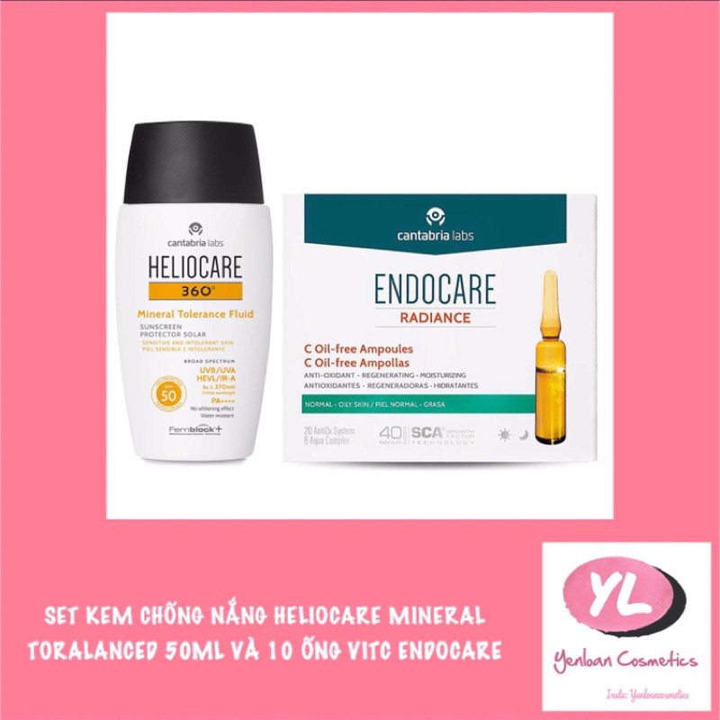 [Bill Authentic] Set kem chống nắng Heliocare Mineral Tolelanced Fluid 50ml và 10 ống VitC Endocare Helio