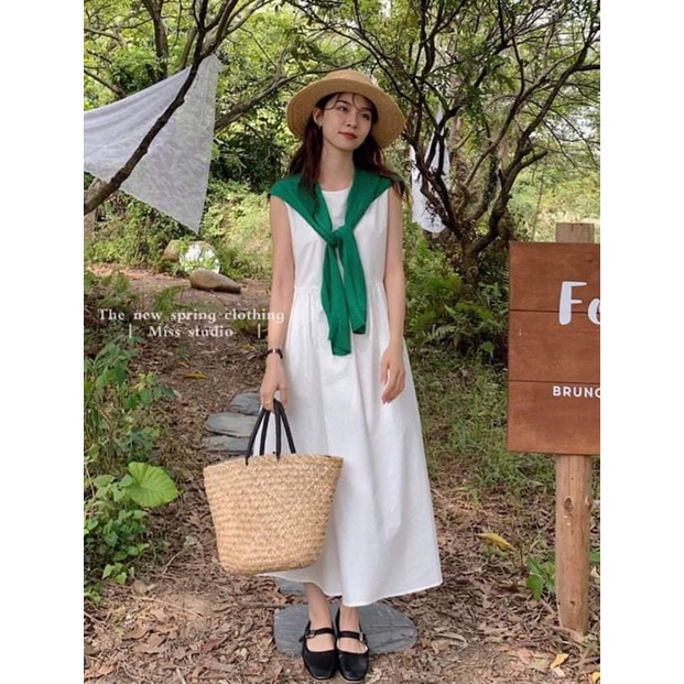 Set váy 3 lỗ  thô đũi dáng dài+ khăn xanh phong cách ulzzang