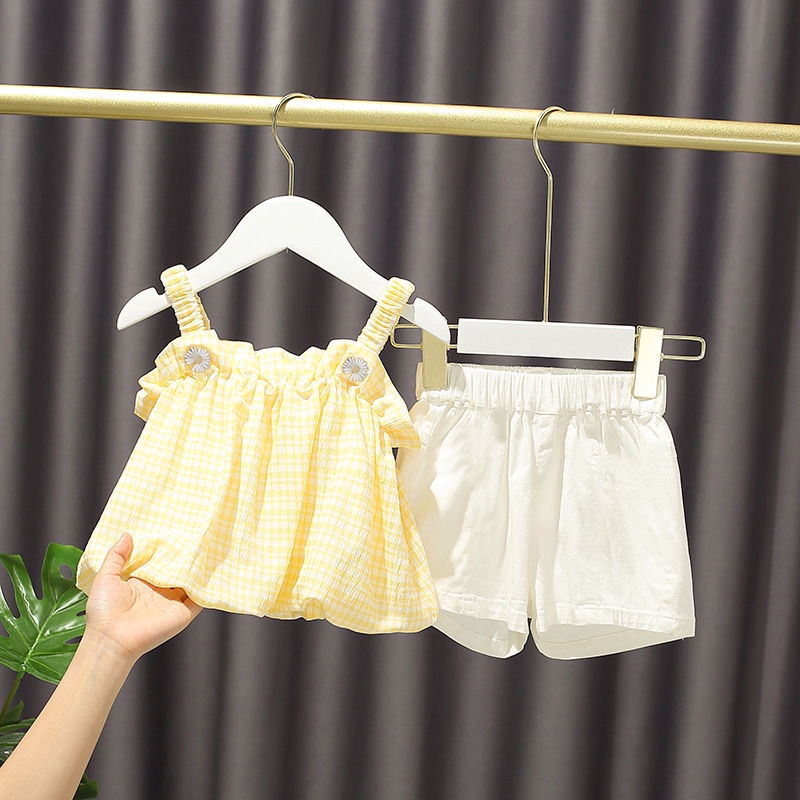 Bộ Đồ 2 Món Gồm Đầm Hai Dây Và Quần Ngắn Bằng Vải Cotton Thời Trang Hàn Quốc Dễ Thương Dành Cho Bé Gái