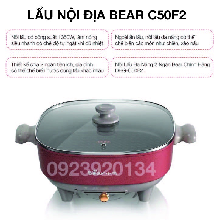 [Mã ELHADEV giảm 4% đơn 300K] Lẩu điện đa năng 2 ngăn BEAR C50F2 - Lỗi 1 đổi 1