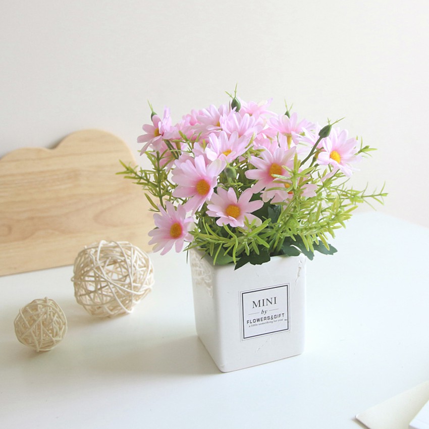 Hoa giả trang trí để bàn, hoa cúc lụa, chậu bằng sứ MINI BY FLOWER - HF005 (nhiều màu lựa chọn)