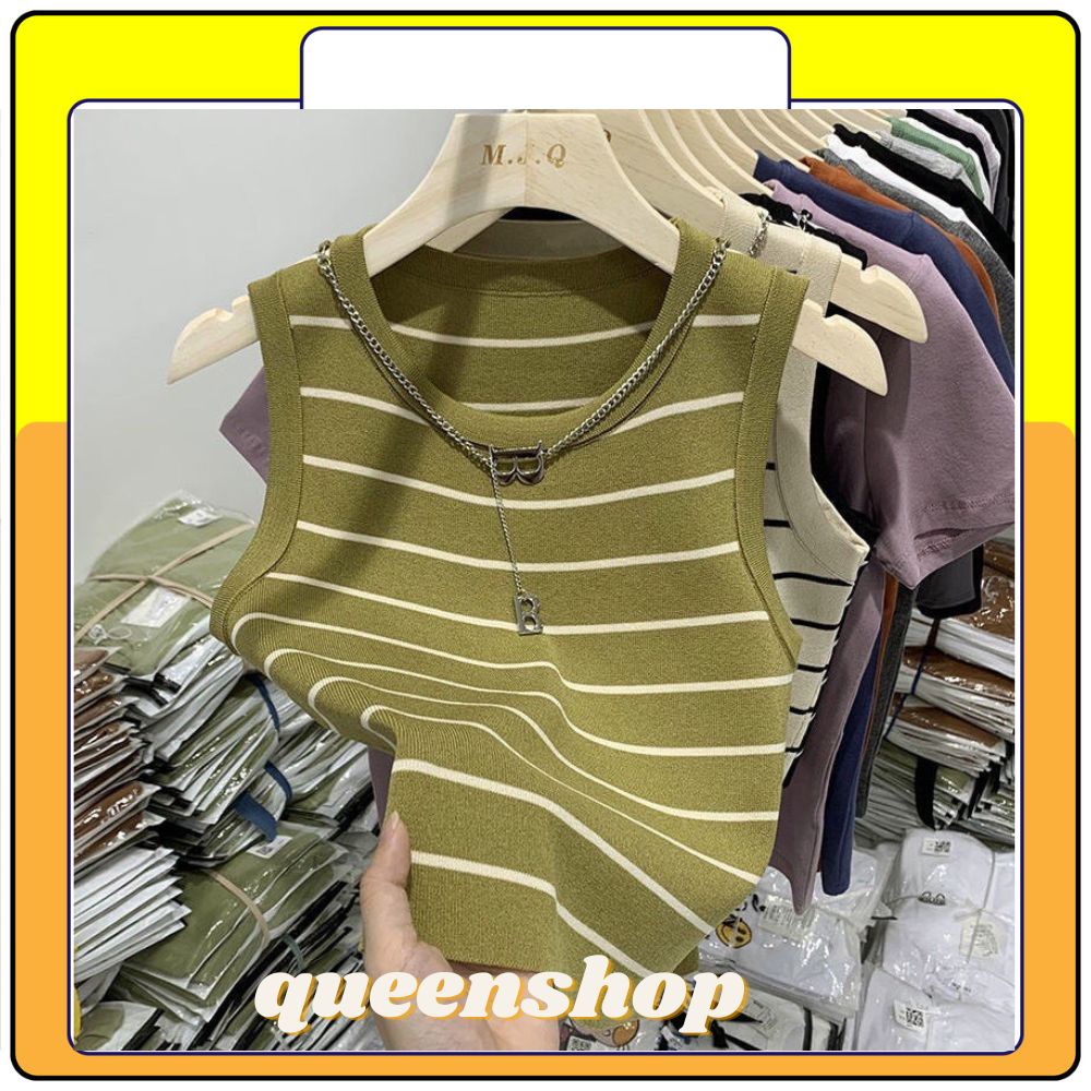 Áo len kẻ sát nách kèm dây xích chữ B, áo 3 lỗ len mỏng kẻ ngang – queenshop