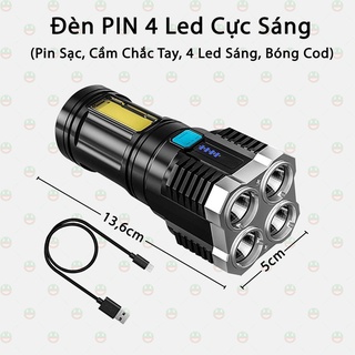 Đèn pin cầm tay chiếu xa siêu sáng 4 bóng 4 chế độ sạc usb, đèn pin led, du lịch