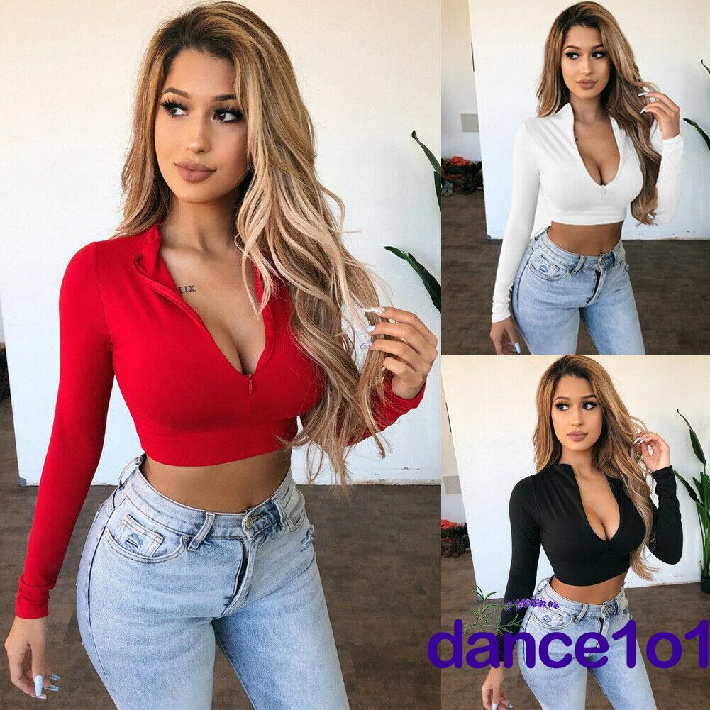 Áo croptop tay dài cổ chữ V phối khóa kéo gợi cảm cho nữ