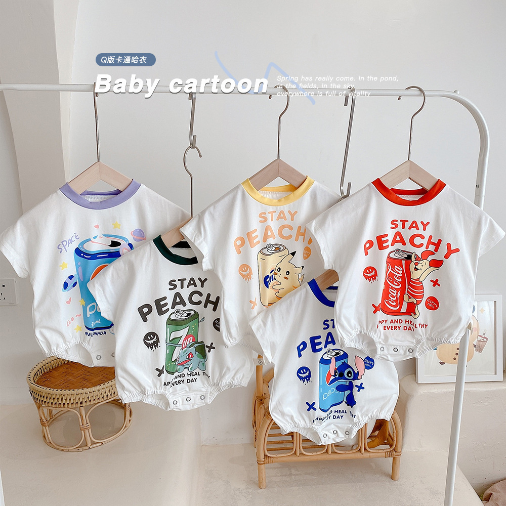 Áo liền quần cotton tay ngắn in họa tiết hoạt hình đáng yêu thời trang mùa hè dành cho trẻ sơ sinh