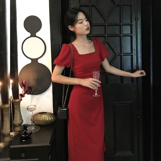 Đầm Midi Cổ Vuông Nhấn Eo Tôn Dáng Phong Cách Retro Kiểu Pháp Thanh Lịch