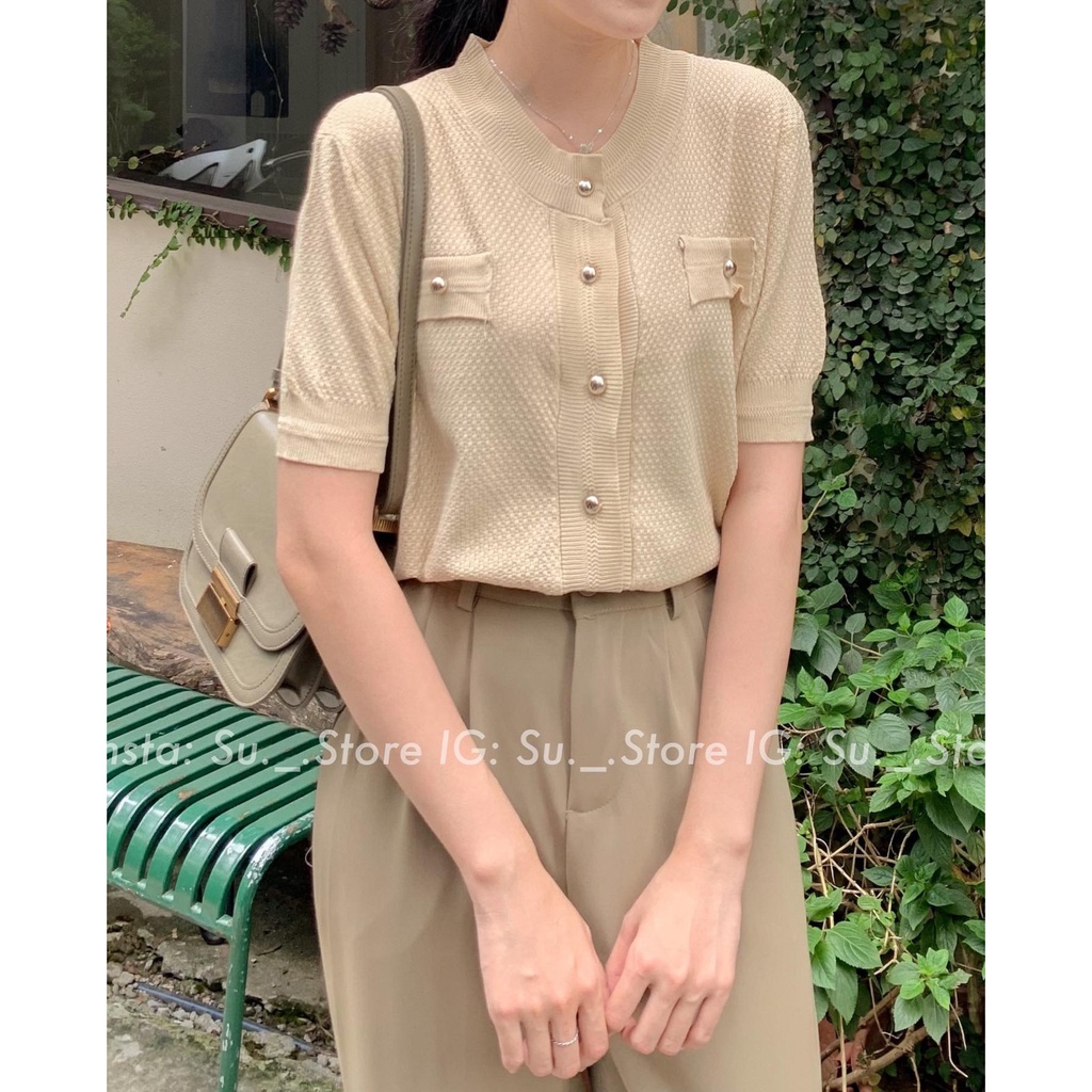 Áo len mỏng cổ tròn túi giả đính cúc A2326 SUSTORE