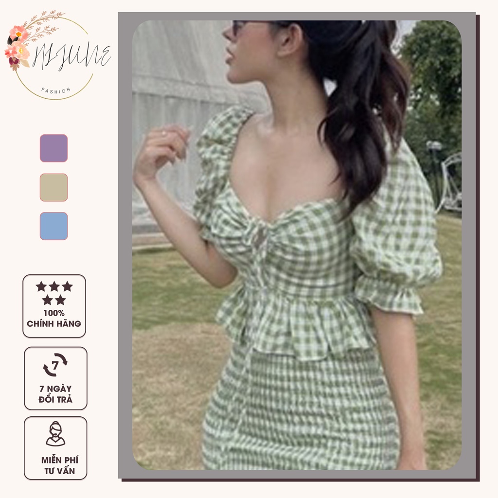 Áo croptop voan sọc caro điệu đà tay bồng nhún ngực xinh áo kiểu nữ HIJUNE CT10