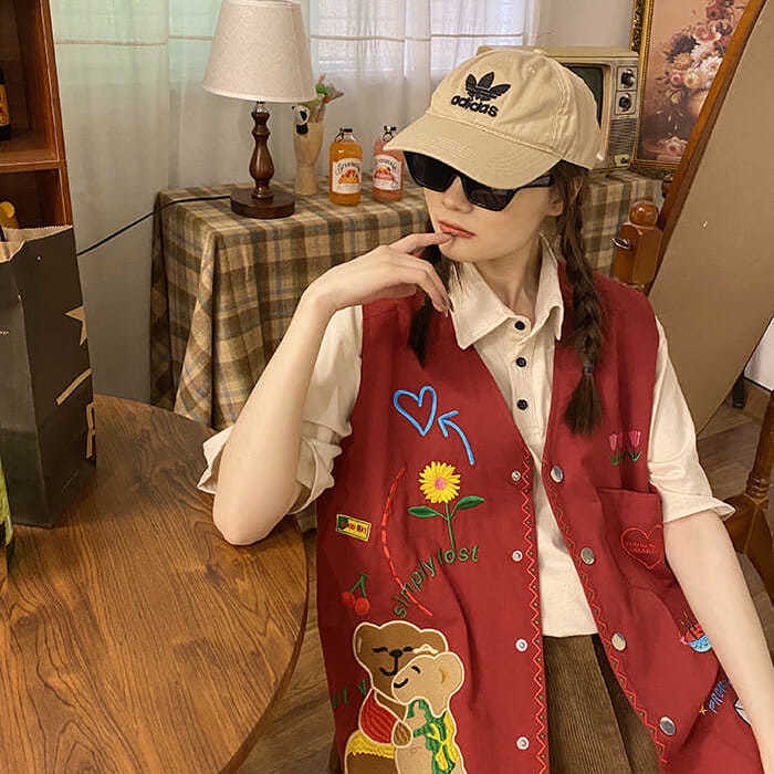 Áo Khoác Sát Nách Dáng Rộng Thêu Hình Gấu Và Hoa Phong Cách Hip Hop Thời Trang Cho Nữ | BigBuy360 - bigbuy360.vn