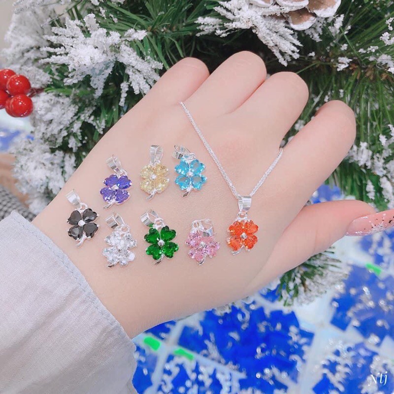 Dây chuyền mặt cỏ 4 lá đá màu phong thuỷ- bạc ta