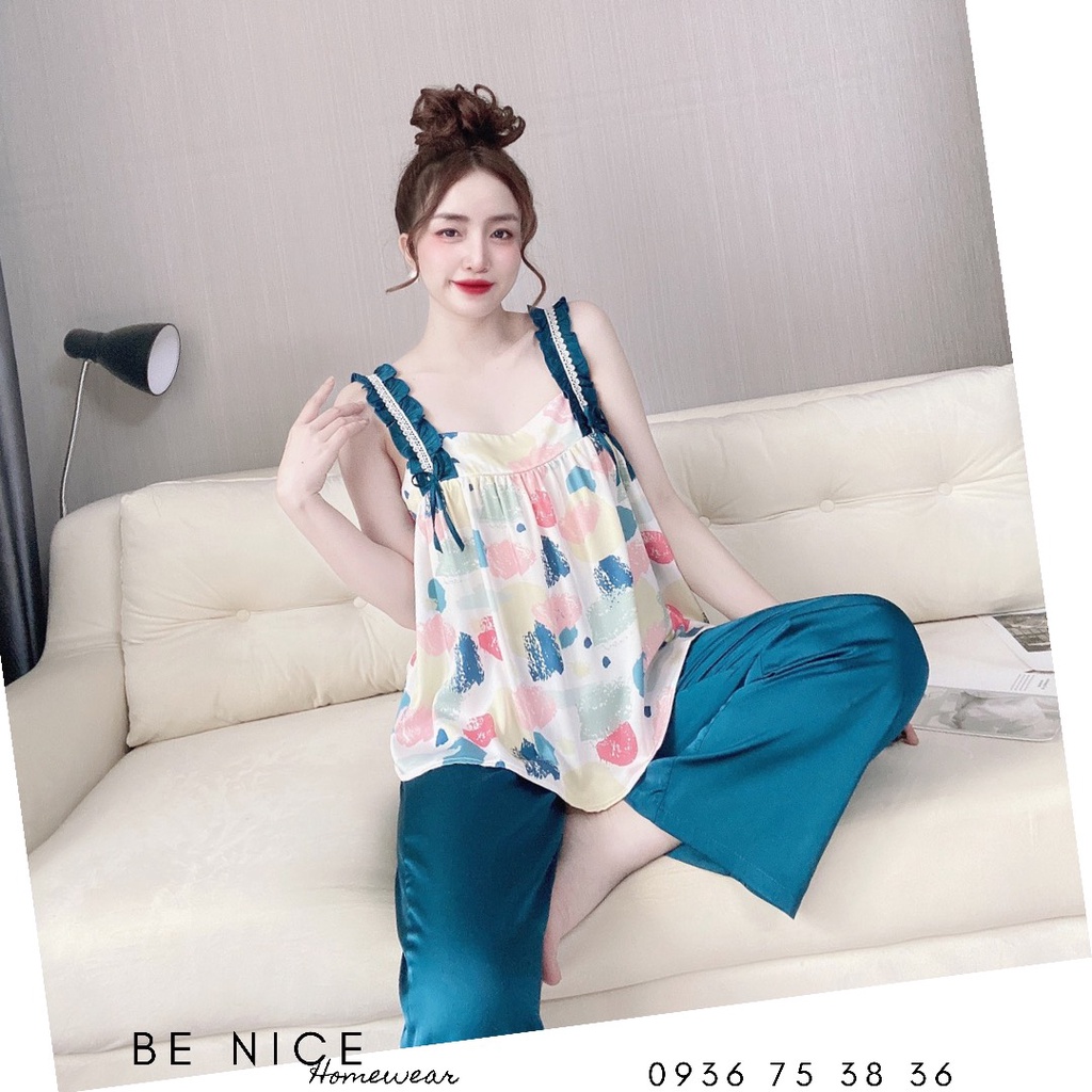 Set dây dài mặc nhà nhún bèo lụa latin Benice Homewear xinh xắn cho nàng