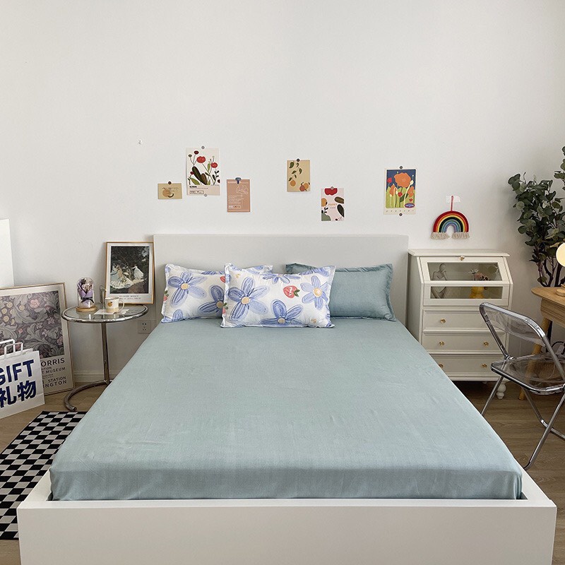 Bộ chăn ga gối Cotton poly M2T BEDDING gồm vỏ chăn mền, drap ga giường và 2 vỏ gối nằm - PL hoa xanh mới