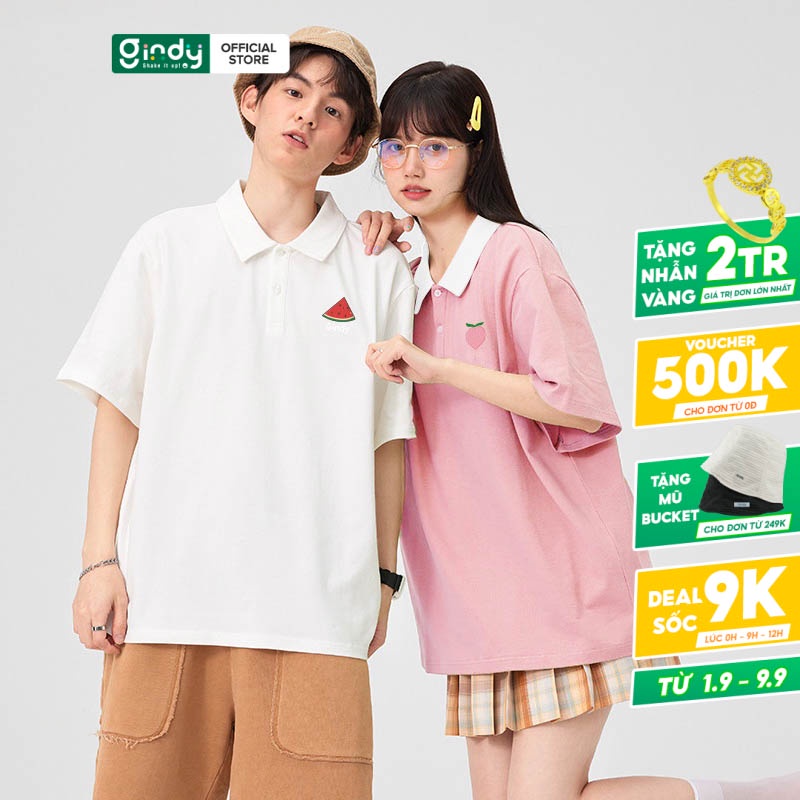 Áo polo nam nữ form rộng Hàn Quốc unisex GINDY tay lỡ thêu họa tiết hoa quả dễ thương A012
