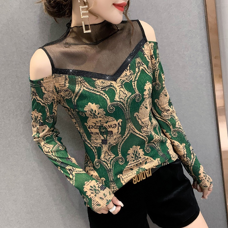 áo lưới dài tay Áo thun dài tay nữ Cổ Cao Trễ Vai Quyến Rũ Trẻ Trung Cho Bạn Gái