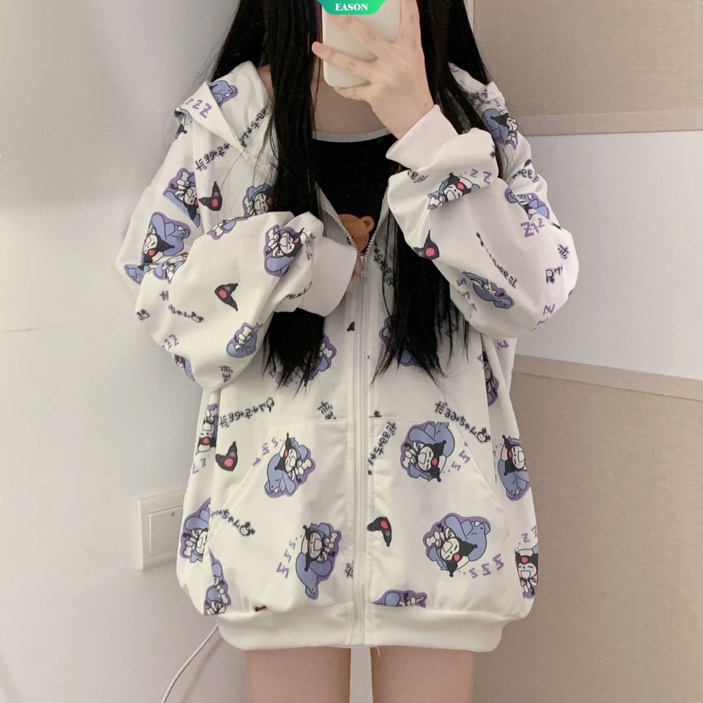 Áo Khoác Cardigan Có Mũ Dáng Rộng In Hình Sanrio Kuromi Thời Trang Thu Đông 2022