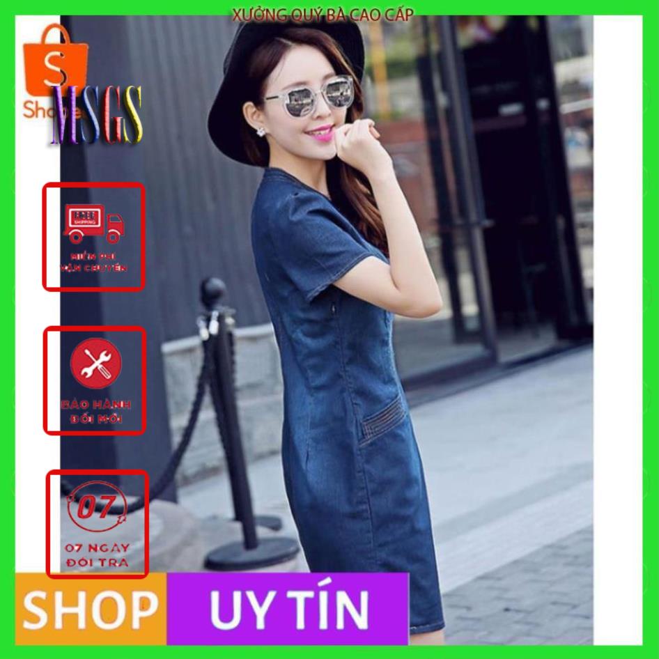 Đầm jean cổ v nẹp viền phối túi có size XXL kèm hình ảnh thật - [PONY_HOUSE]