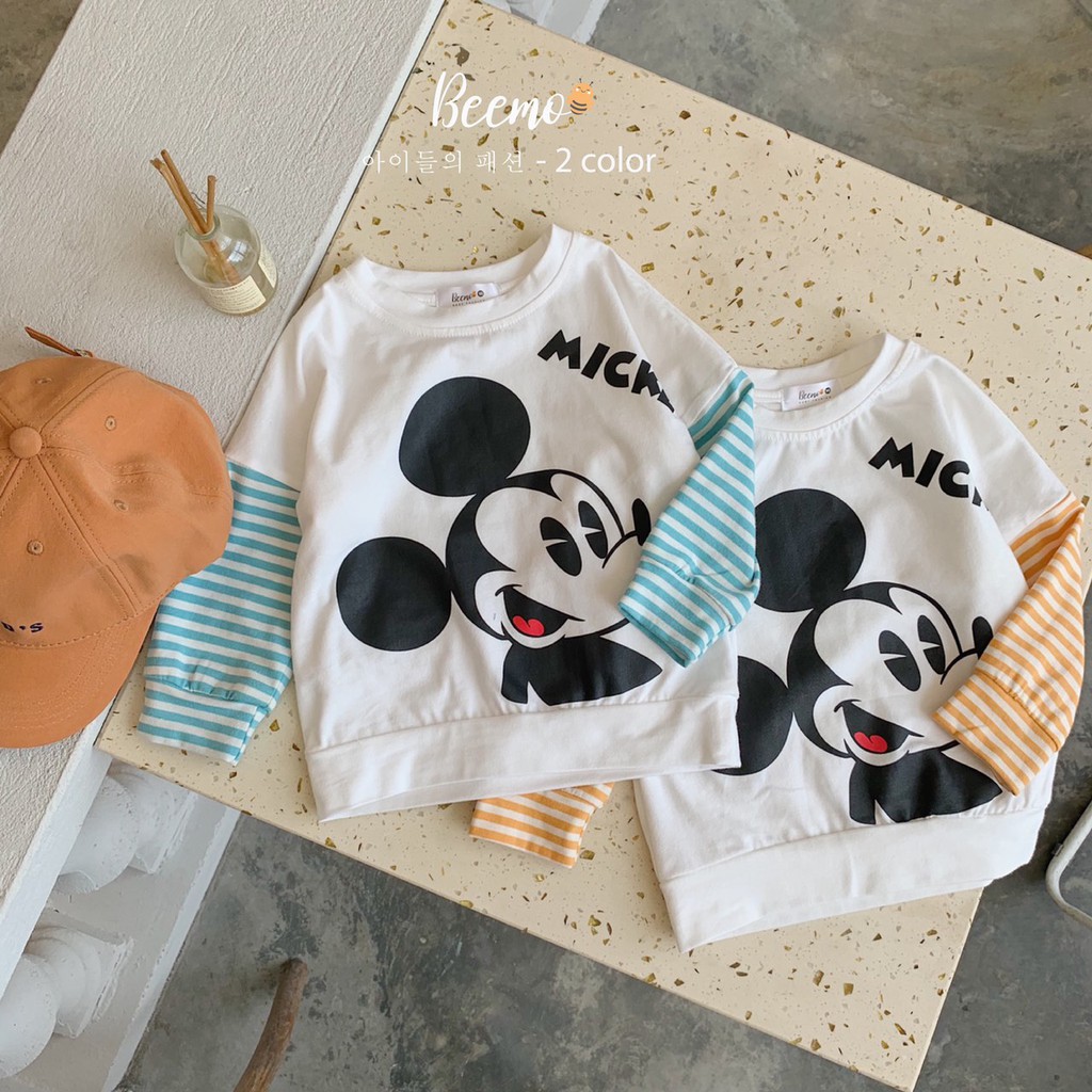 Bộ thu đông thun kẻ in mickey BEEMO TBKS117 siêu đẹp cho bé trai, bé gái 1-6 tuổi