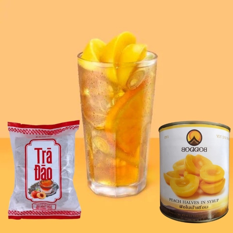Set trà đào tự pha 3 món ( lon đào 420 gr , 2 gói trà đào túi lọc, 1 siro mini hương đào) pha được 8-10 ly làm đồ uống. | BigBuy360 - bigbuy360.vn
