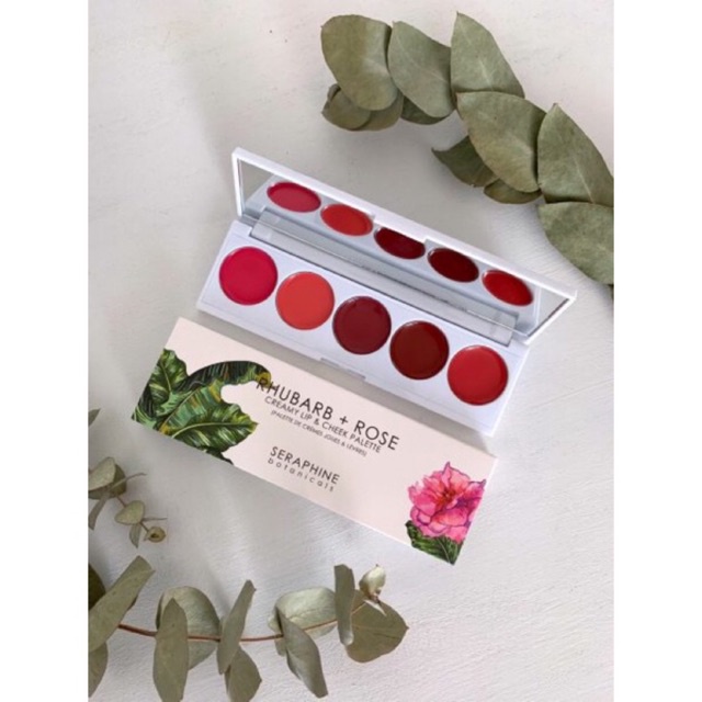 Bảng 5 màu son kiêm má hồng Seraphine Botanicals Rhubarb + Rose - Creamy Lip &amp; Cheek Palette