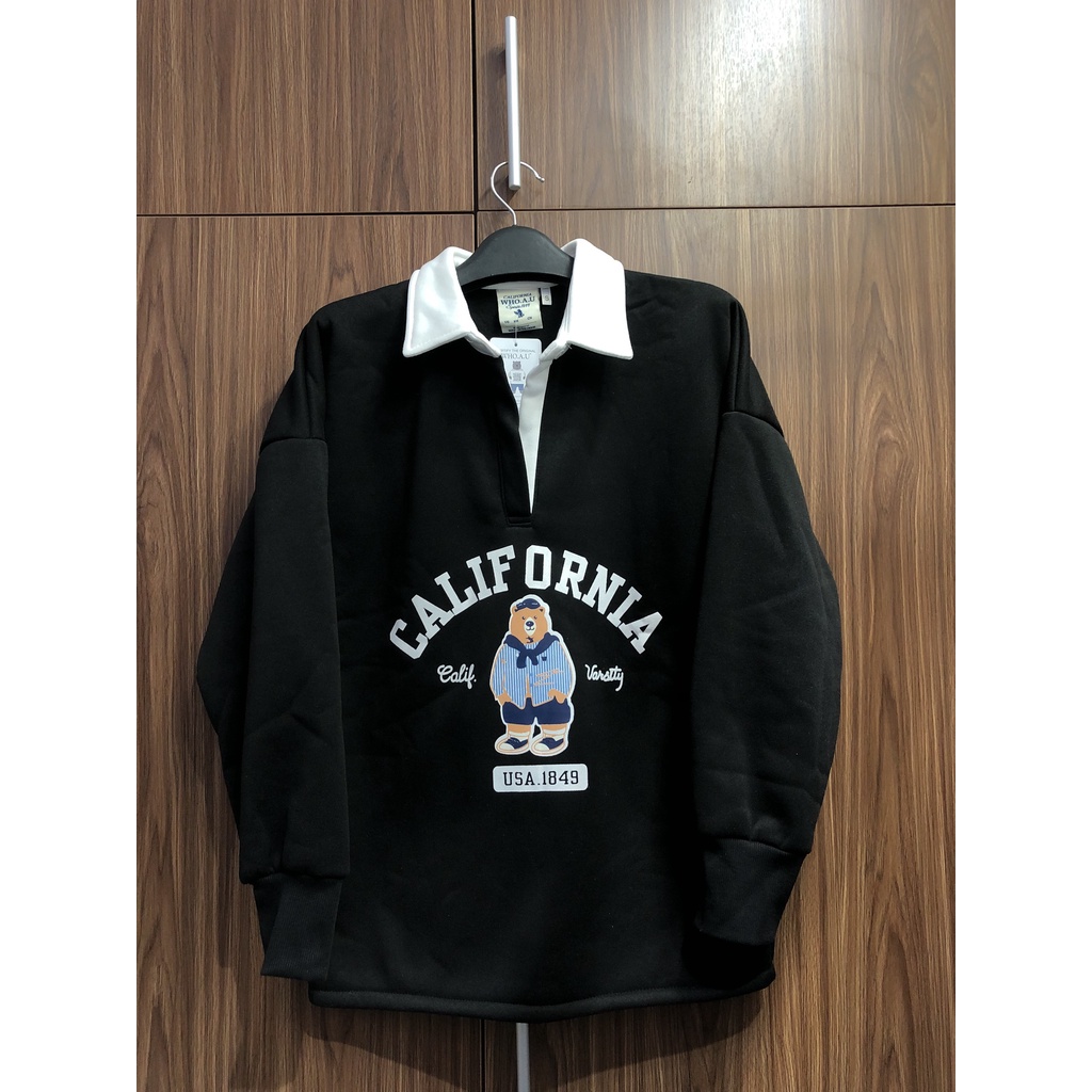 ÁO NỈ GẤU WHOAU CALIFORNIA U.S.A 1849,ÁO NỈ LÓT BÔNG CỔ BẺ DÀI TAY NỮ