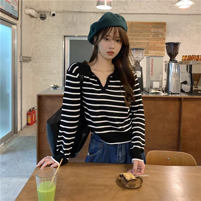 Áo len nữ FM Style, áo kiểu sọc ngang cổ bẻ, áo tay dài sọc trang 3 màu trendy, thích hợp đi dạo phố, đi làm, đi chơi