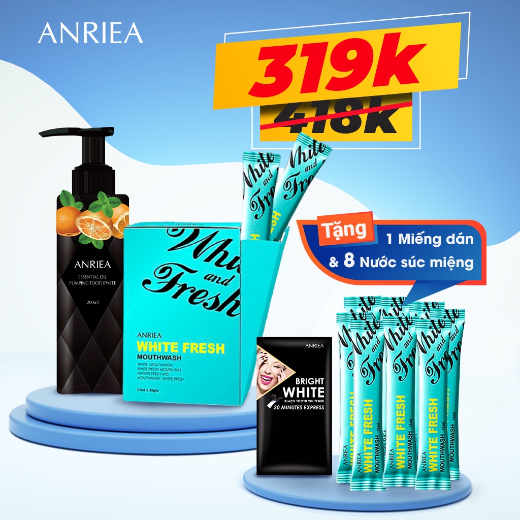 Combo chăm sóc răng miệng trắng sáng, giúp hơi thở thơm mát hiệu quả Anriea - Chính hãng A05.A09.A03.8A10