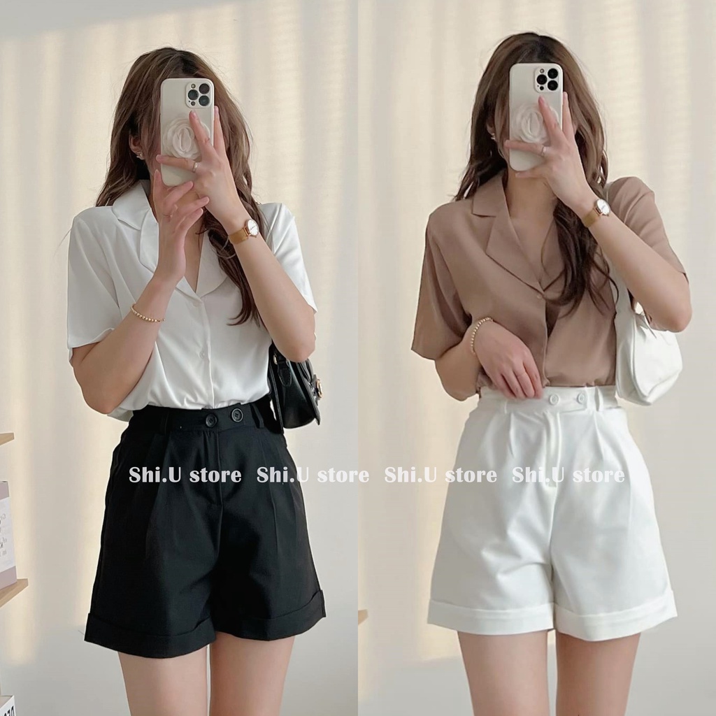 Quần short nữ Quần đùi cạp cao 2 cúc ống rộng chun sau ulzzang