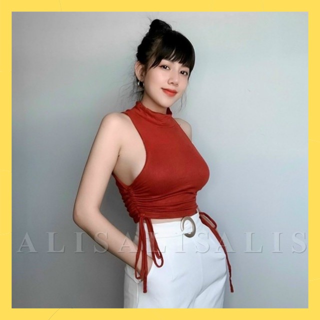 Áo Croptop CRT Thun Gân 3 Lỗ Cổ Lọ Rút Dây 2 Bên Áo Crop Top Sát Nách Hai Lớp Sexy Thắt Nơ Màu Đỏ Đen Trắng Xám Rêu Xanh