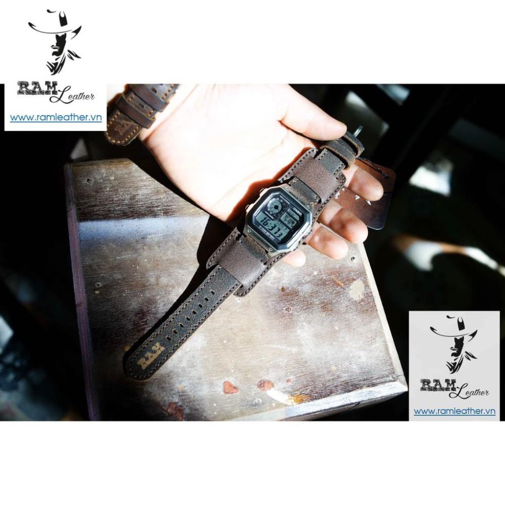 (MUA 1 ĐƯỢC 5)DÂY ĐỒNG HỒ DA BÒ THẬT RAM BUNDTRAP B2+MÀI NHÁM-CHÍNH HÃNG RAM LEATHER-ĐỦ SIZE 18,20,CASIO,APPLE WATCH .