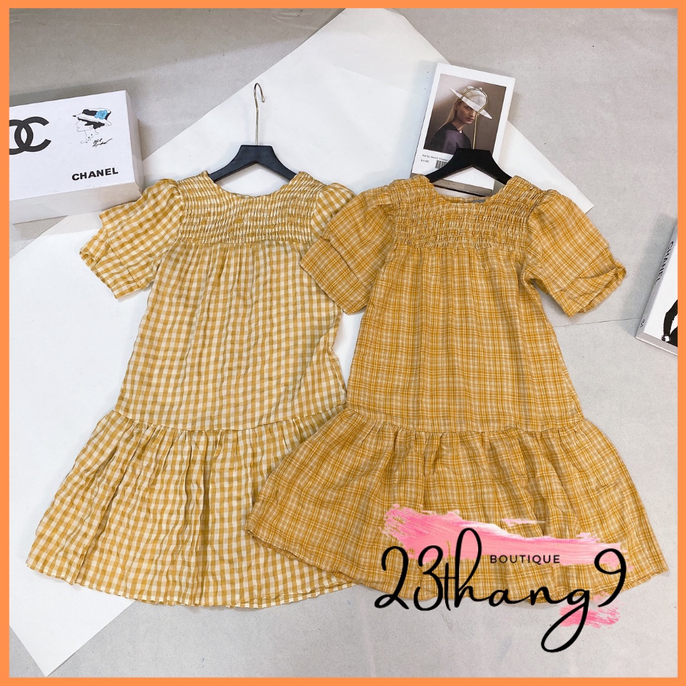 Đầm babydoll váy tay bồng sọc caro màu vàng cổ tròn dáng midi sang trọng đi tiệc đi chơi đi biển 23thang9 boutique